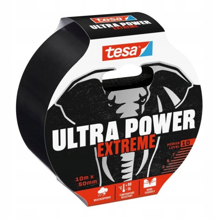 Tesa Ultra Power Extreme javítószalag, erős tapadás, UV- és időjárásálló, fekete, 10 m x 50 mm