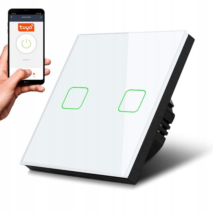 Intrerupator dublu tactil Maclean MCE717W, sticla calita, iluminare LED, WiFi 2.4 GHz compatibil Tuya, rezistent la zgarieturi si umiditate, Alb, 86 x 86 mm