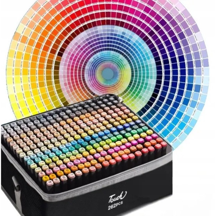 Set markere alcoolice, pe baza de alcool, cu doua capete, rezistente la apa, multicolor, 204 piese