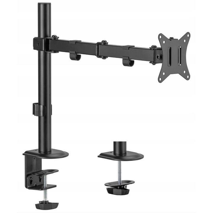 Maclean MC-753N asztali monitortartó, állítható kar, VESA 75x75/100x100 kompatibilis, 17-32'' képernyőkhöz, 9 kg teherbírás, állítható magasság és ±45° dőlésszög, 180° forgatás, asztallapra vagy furatba szerelhető, fekete