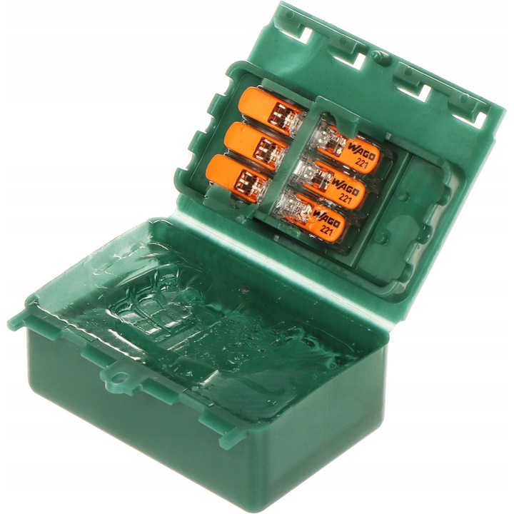 RayTech Gelbox csatlakozódoboz, IP68, 65x25x21mm, 3 áramkör, vízálló, zöld