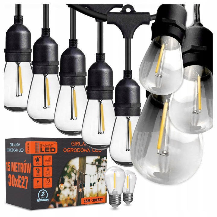 LED гирлянд (светлинна верига) Smartled 30x E27 1W, устойчив на атмосферни влияния IP44, черен/прозрачен, 15 м