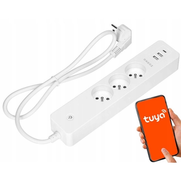 Prelungitor electric Orno OR-SH-17520/W, 3 prize cu impamantare, 2 x USB-A + 1 x USB-C, Smart Wi-Fi (Tuya) compatibil Google Assistant si Amazon Alexa, Alb, cablu 1.8 m, 3680W/16A