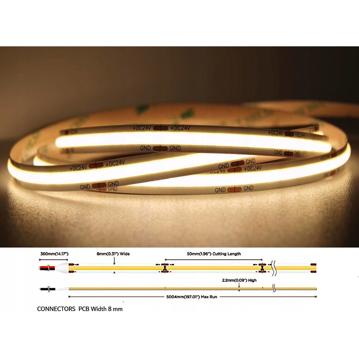 Banda led MW Lighting UQS-COB-8W-WW-24V-5m, 8W, 320 чипа/м, CRI >90, 24V, топло бяло 3000K, 5м