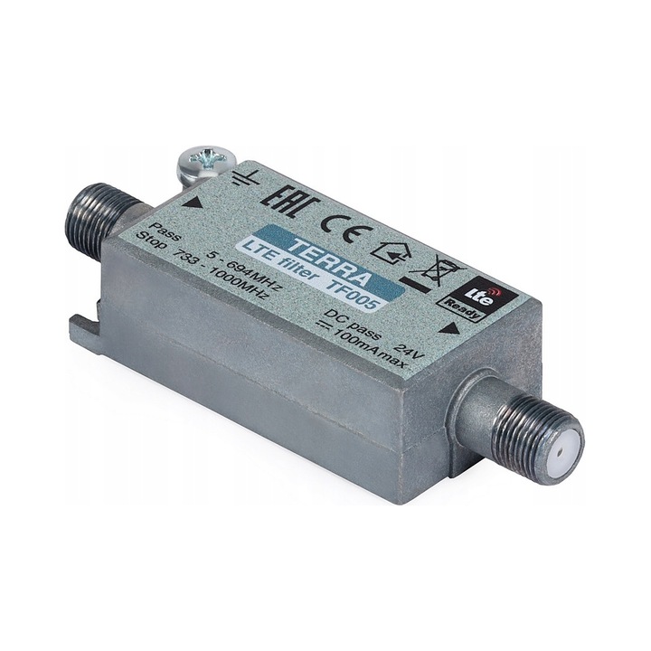 Filtru LTE Terra TF-005, filtru 700 MHz pentru instalatii TV, atenueaza 733-1000 MHz, trecere DC 24 V/100 mA, gri