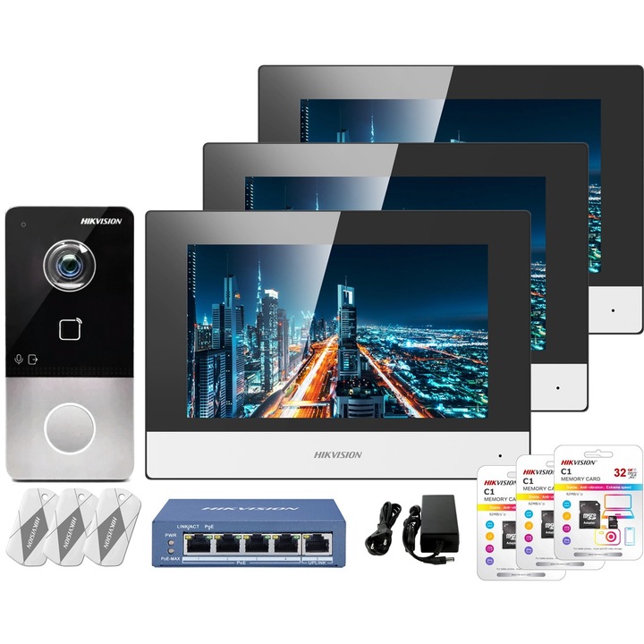 Комплект видеодомофон Hikvision DS-KIS603-P, IP PoE WiFi видеодомофон, 3 броя 7'' LCD тъчскрийн монитори, FullHD външно тяло с Mifare четец, 3x microSD 32GB, включен PoE суич, Бял