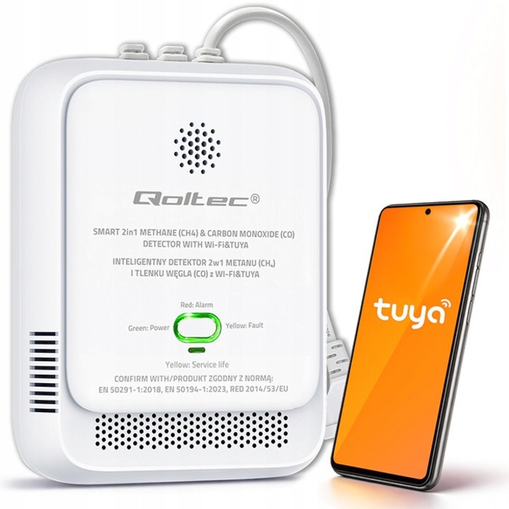 Detector gaz si monoxid de carbon Qoltec Smart 2in1, detectare metan (CH4) si CO, WiFi Tuya, alarma 85 dB, Alb