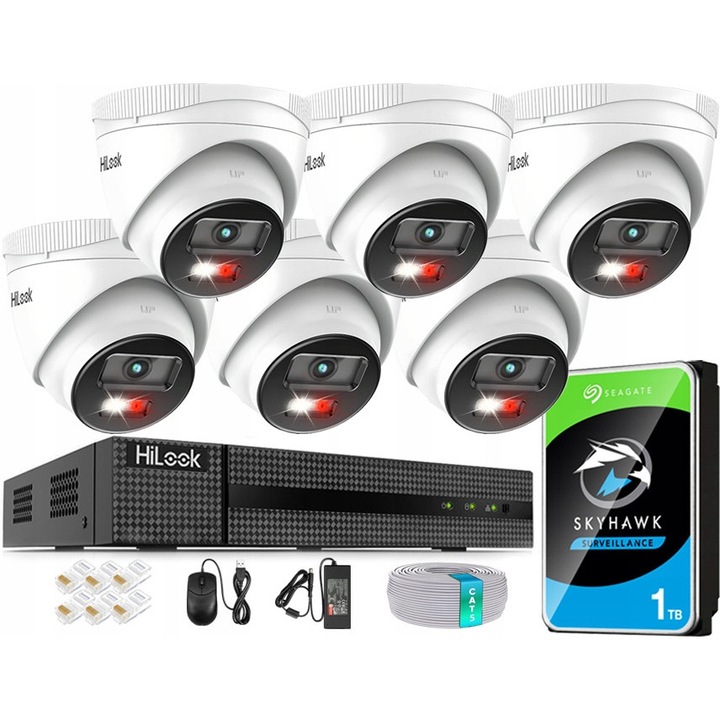 Комплект за видеонаблюдение HiLook 6 камери 6Mpx dual light PoE, NVR 8 канала, HDD 1TB, кабел 30м