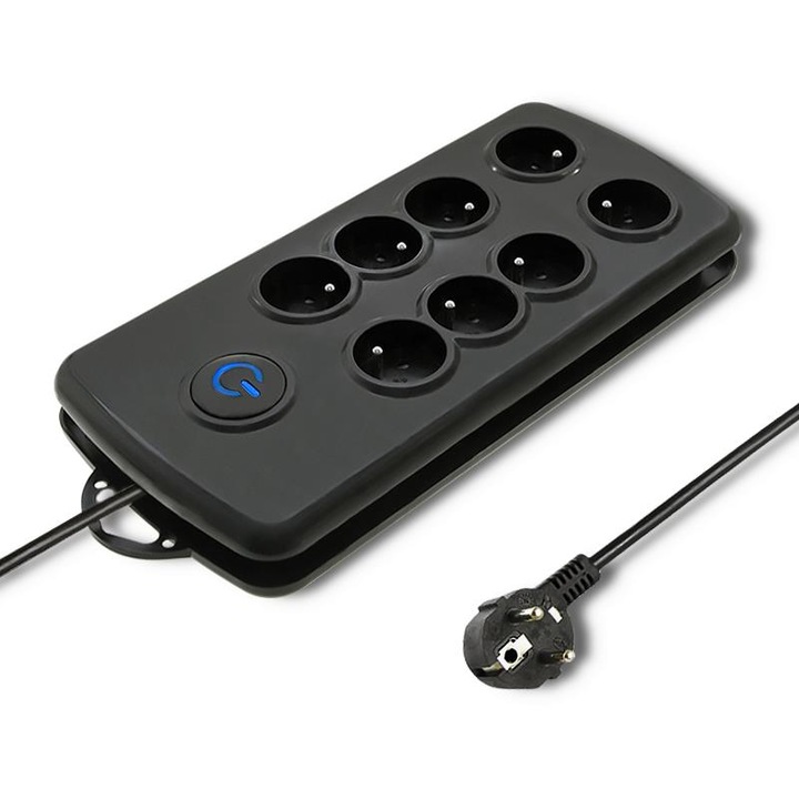 Разклонител/защита от пренапрежение Qoltec Quick Switch, 8 контакта, кабел 2,5 м, осветен бутон, защита за деца, черен