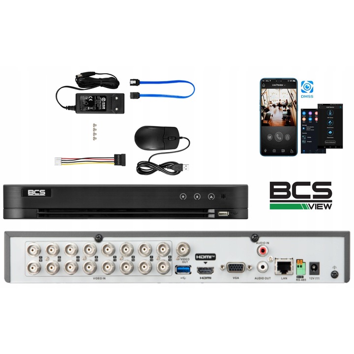 BCS BCS-V-XVR1601-AI videorögzítő, 16 csatornás, 5 az 1-ben (HDCVI/TVI/AHD/IP/Analog), H.265+/H.265/H.264 tömörítés, HDMI/VGA, 1x HDD SATA akár 10TB, Fekete
