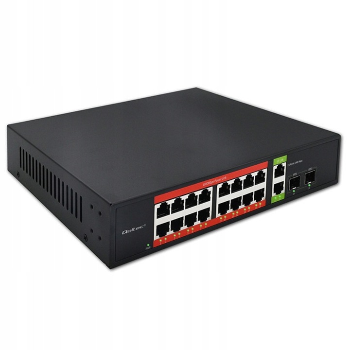 Qoltec PoE kapcsoló 16x RJ45 PoE 10/100 Mb/s, 2x RJ45 uplink 1 Gb/s, 2x SFP 1 Gb/s, 250W összesen, IP megfigyeléshez, Fekete