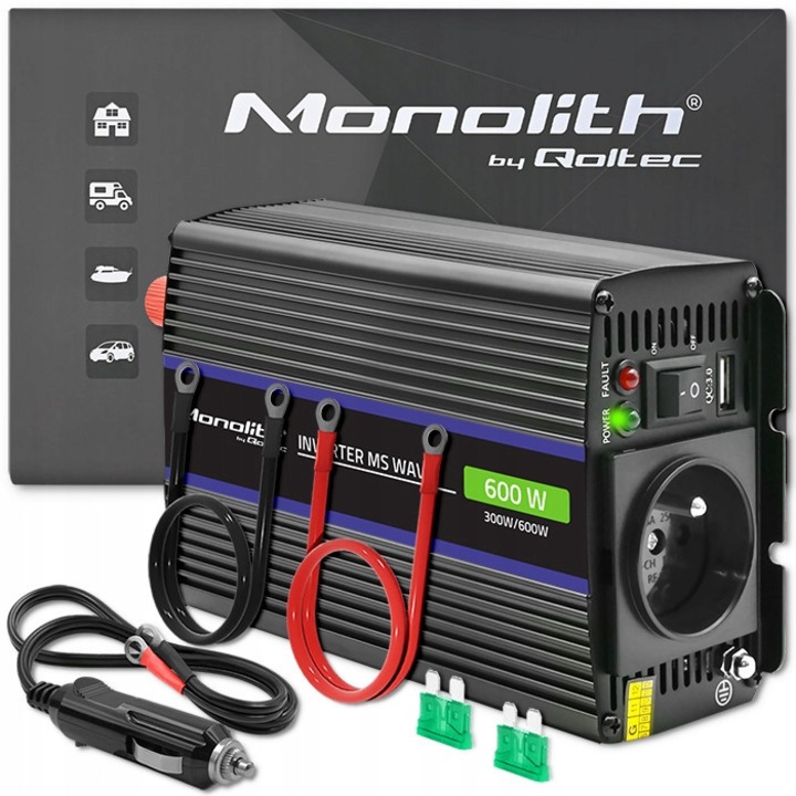 Qoltec 600 MS Wave 12V-230V 300W fekete 106x180x55mm USB feszültséginvertor