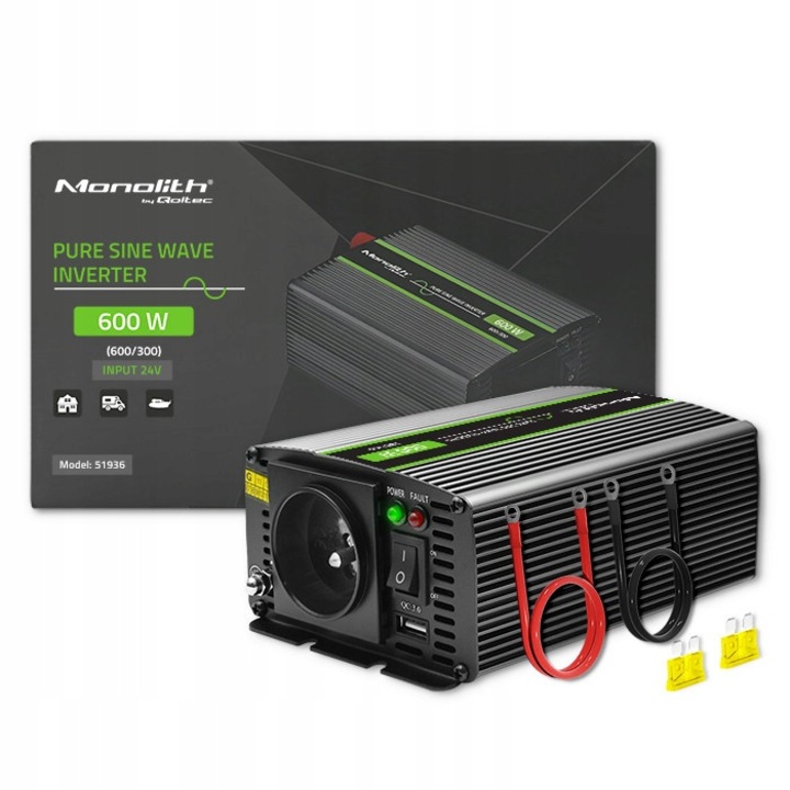 Qoltec Monolith 300W 24V-ról 230V-ra tiszta szinuszos inverter 105x200x55mm