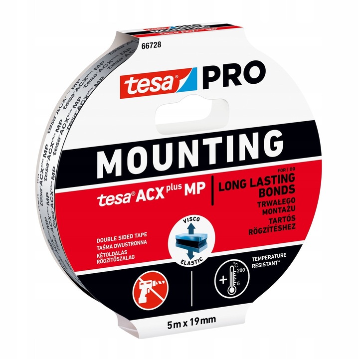 Tesa PRO ACXplus MP kétoldalas ragasztószalag, akrilhabbal, ipari minőségű tapadás, nedvesség- és UV-álló, fekete, 5 m x 19 mm