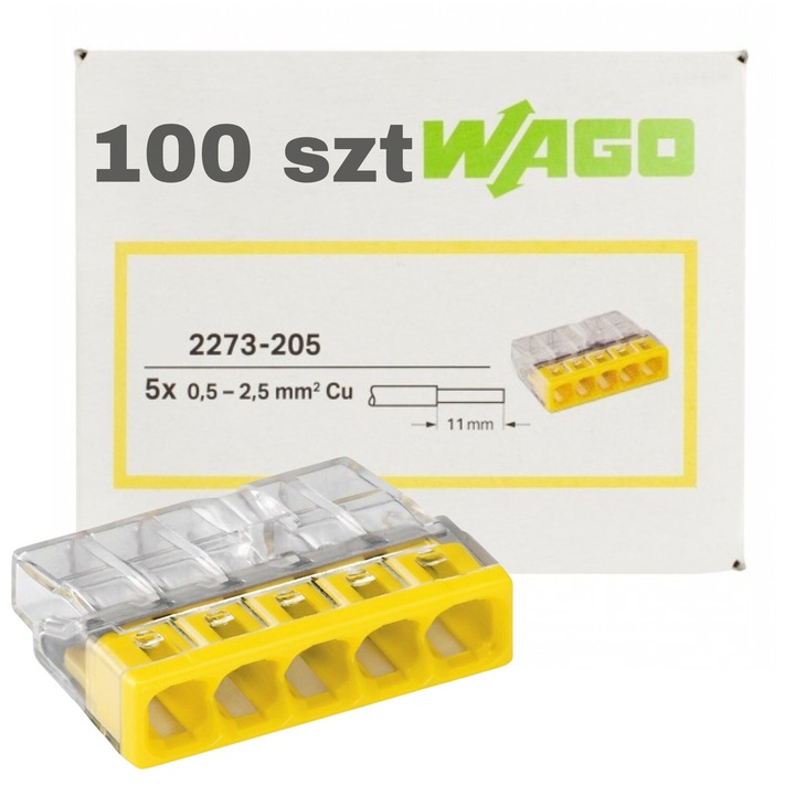 Conector rapid Wago 2273-205, push-wire, 5 intrari, 0,5-2,5 mm², 24A, galben, 100 buc
