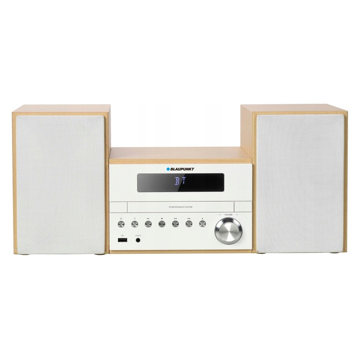Микро аудио система Blaupunkt MS45BT, CD MP3/WMA, Bluetooth, FM радио с RDS, USB, AUX, еквалайзер с 5 предварителни настройки, 300W макс (100W RMS), екрю/светло дърво