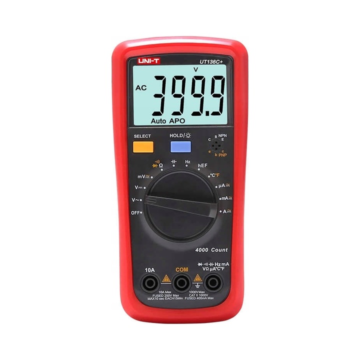 Multimetru digital UNI-T UT-136C+, auto-ranging, ecran LCD 3999 cu iluminare, rosu, 1 buc