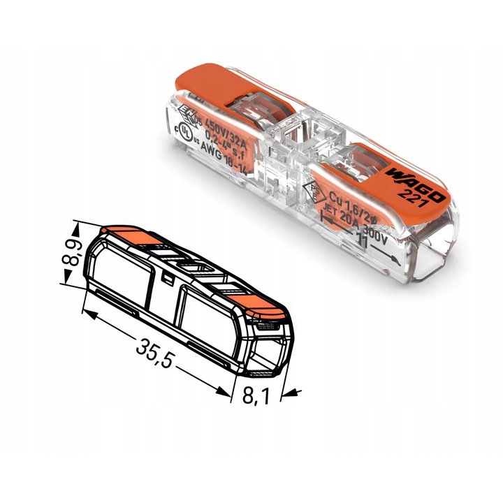 Conector electric Wago 221 transparent 2 pini 0,2-4mm set 60 buc