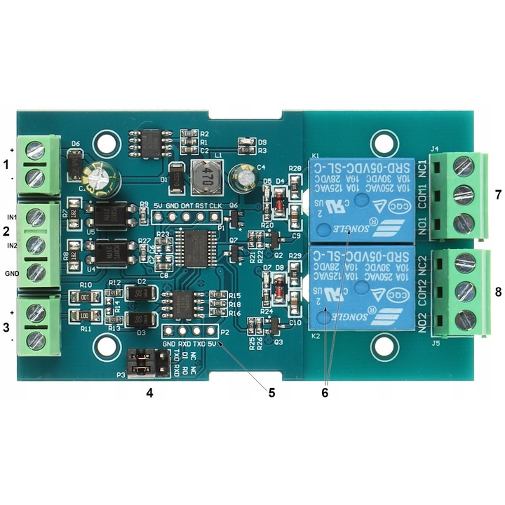 Релеен модул 2R-D7 Modbus RTU, 2 канала, комуникация RS-485/UART TTL, оптоизолирани входове 3.3-30 V, контакти 10 A 250 V AC (NO/NC), LED сигнализация, адресируем 1-255, скорост 4800/9600/19200 b/s