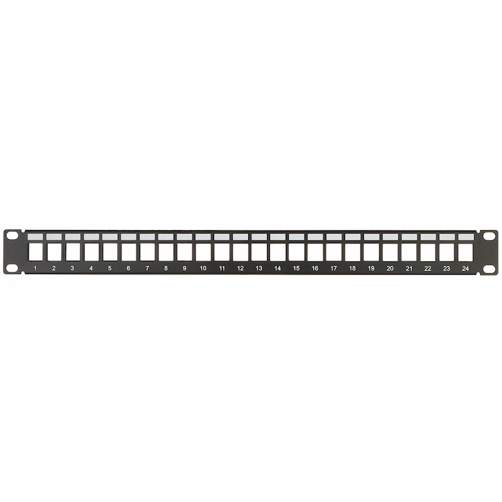 Patch panel Delta PP-24/FX/C-V2, 24 port, kompatibilis max. 18 mm-es Keystone modulokkal, fém, kábelkötegelő rögzítő lyukakkal, fekete, 1U 483x101x44 mm