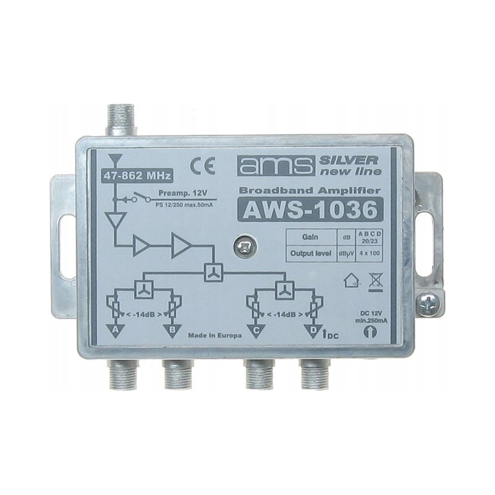 Amplificator antena AMS AWS-1036 interior 4 iesiri reglabile argintiu