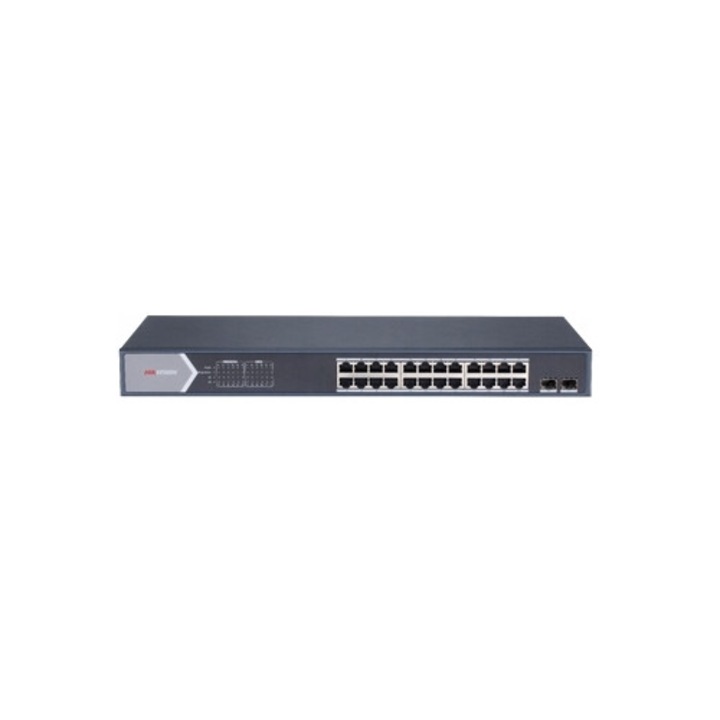 PoE комутатор Hikvision DS-3E1526P-SI, 24× гигабитов PoE, 2× гигабитов SFP, PoE бюджет 370W, тъмно сив