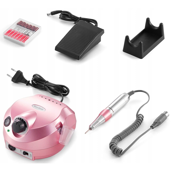 Extralink NAIL DRILL-202 körömcsiszoló, 65W, 35000 ford./perc, gyémántfejekkel és lábpedállal, Rózsaszín
