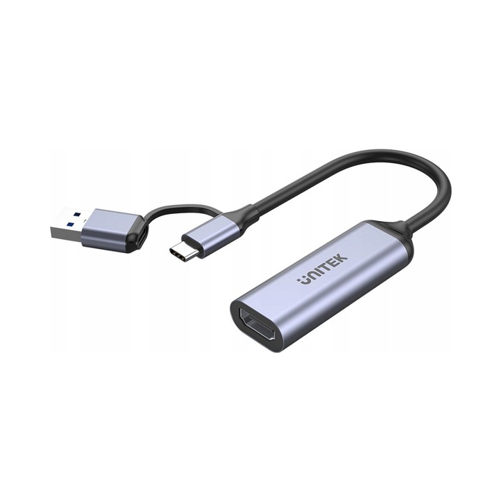 Placa de captura video Unitek V1167A 4K UHD, HDMI la USB-C/USB-A, 4K@30Hz, 1080p60, plug and play, aluminiu, negru/argintiu
