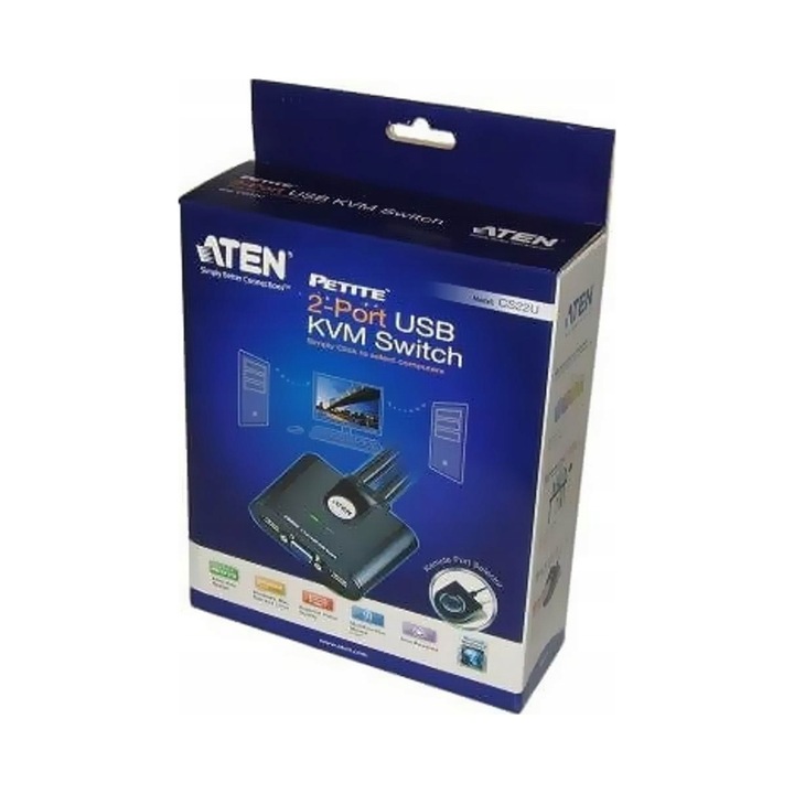 Comutator KVM Aten CS22U, 2-port USB, cu telecomanda pe cablu 1.8m, cabluri integrate 0.9m, rezolutie maxima 2048x1536, negru, 1 buc