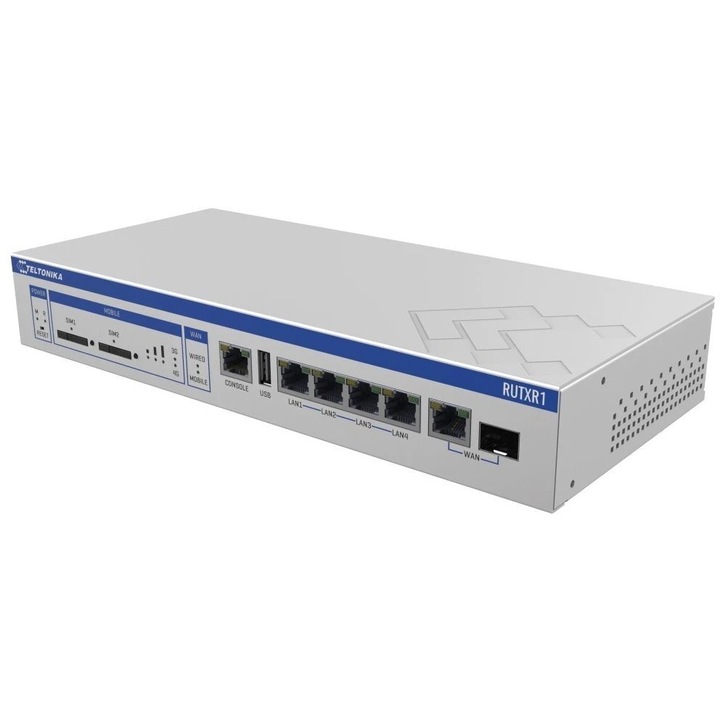 Teltonika RUTXR1 ipari router, Dual SIM, kétsávos WiFi, 5x RJ45, 1x SFP, 272x42.6x122.6mm