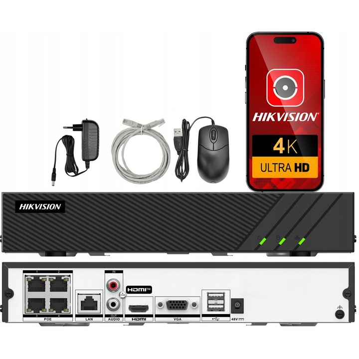 Inregistrator NVR Hikvision DS-7604NI-Q1/4P, 4x PoE, pana la 8 MP (4K), 4 canale, 1x SATA pana la 8TB, HDMI/VGA, Hik-Connect, Negru