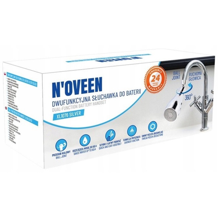 Перлатор N'oveen XL1076 двойнофункционален, с въртящо се закрепване на 360° и 3 режима на струя, намалява консумацията на вода до 70%, резба M22/24, неръждаема стомана, хром, Ø 2,8 см, 4,9 см