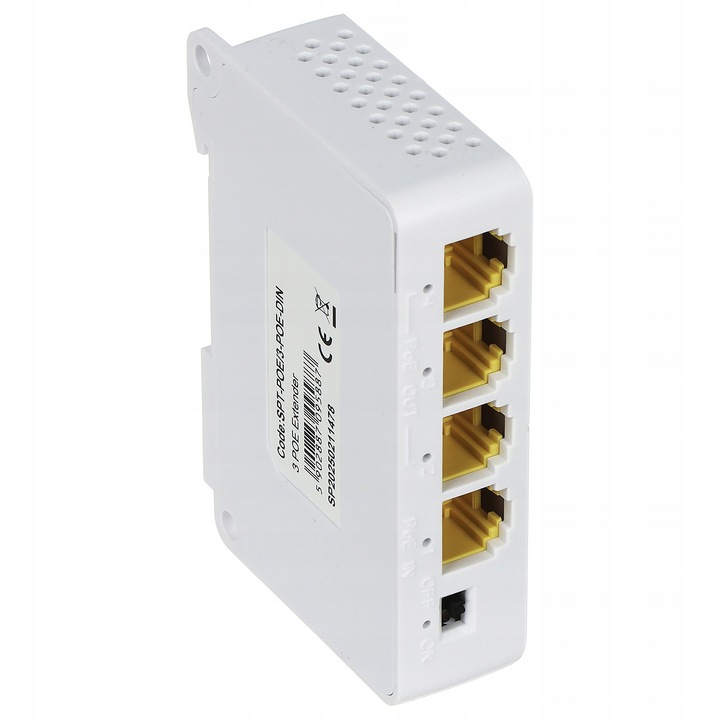 Switch PoE Delta SPT-POE/3-POE-DIN, extender 4 PoE port (3 x 10/100 + 1 x 10/100/1000 uplink), PoE 802.3af/at, 30W/port, Fehér