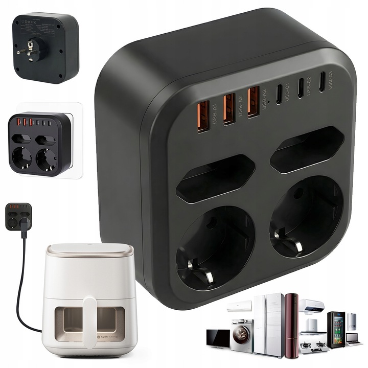 Prelungitor universal 10in1, 4 prize AC, 6 porturi USB, negru, 10x10x4.2cm