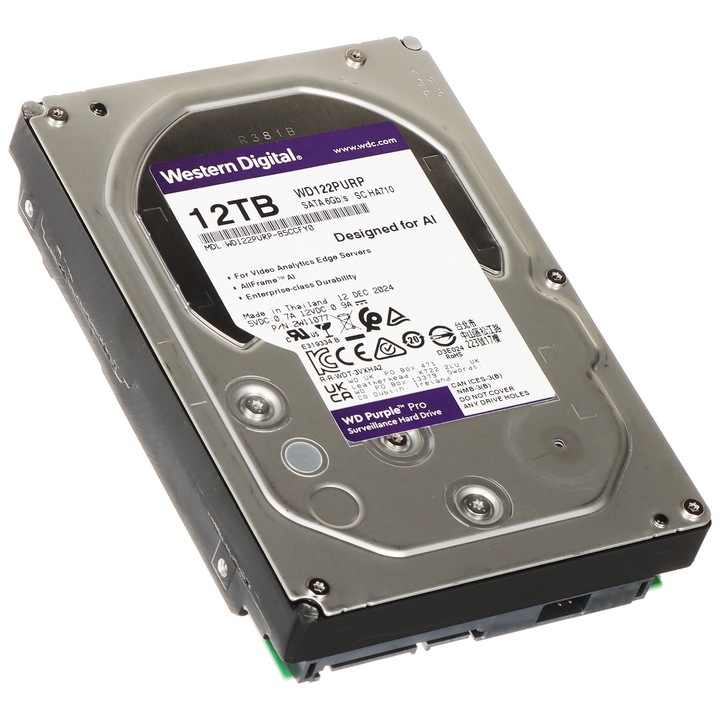 Hard disk Western Digital WD122PURP, AllFrame AI, optimizat pentru supraveghere 24/7, SATA III 6 Gb/s, 7200 rpm, Negru, 12 TB