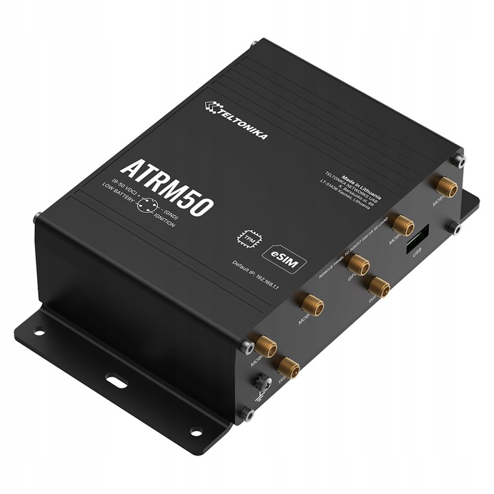 Router/gateway Teltonika ATRM50 5G, Dual SIM + eSIM, 4 porturi Gigabit Ethernet M12, intrare alimentare M12, GNSS, certificat EN 45545-2/EN 50155, Negru