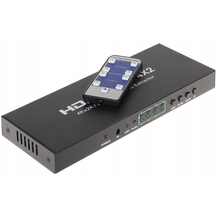 HDMI превключвател/селектор HDMI-SW-4/2-MATRIX, 4 входа, 2 изхода, поддръжка на 4K UHD и 3D, включено дистанционно управление, аудио изход Jack 3.5mm + S/PDIF, черен, 176x61x21 mm