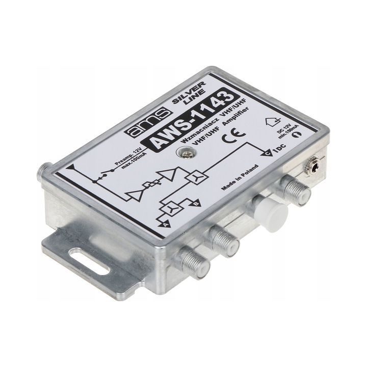 Amplificator de antena AMS AWS-1143 SilverLine, pentru VHF/UHF 87-790 MHz, 1 intrare/3 iesiri, cu alimentator 12V 120mA inclus, argintiu
