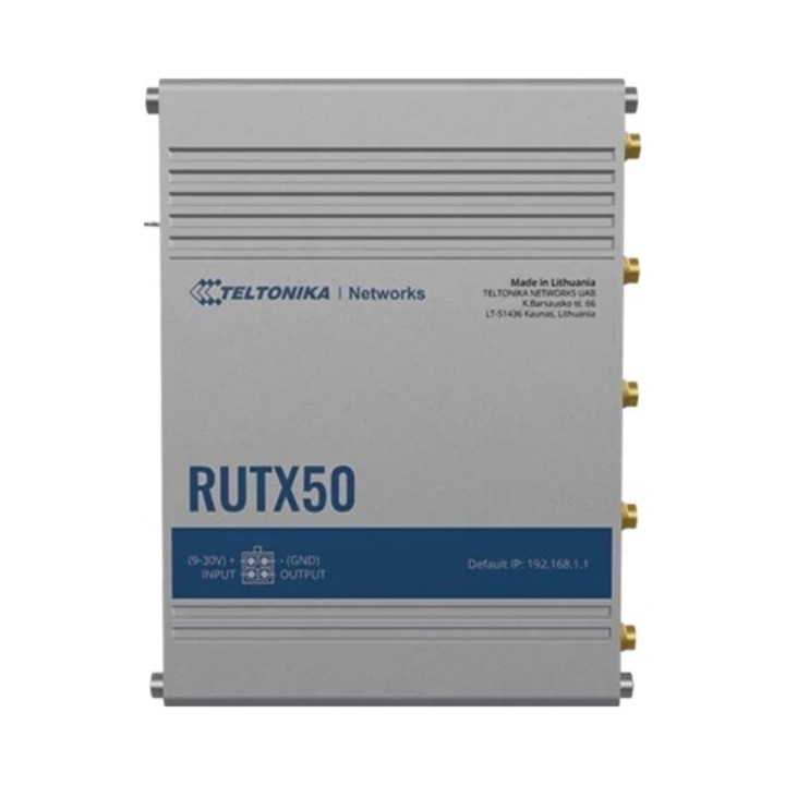 Индустриален рутер Teltonika RUTX50 5G с две SIM карти, двубандов Wi-Fi, 132x44.2x95.1mm, алуминий