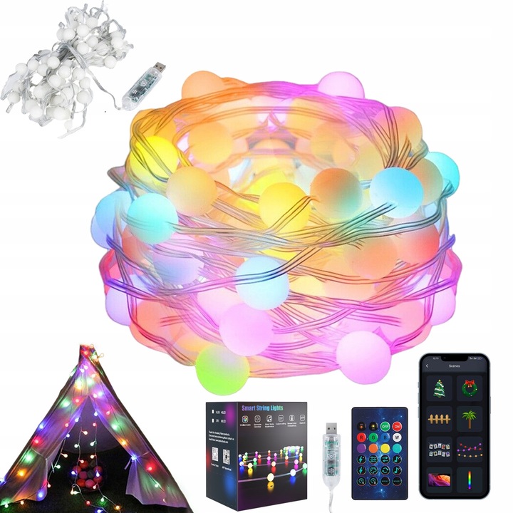 Интелигентна RGB светеща гирлянда Bedee, 80 LED, водоустойчива IP65, управление чрез приложение и дистанционно, музикален режим и таймер, бяла, 10 м