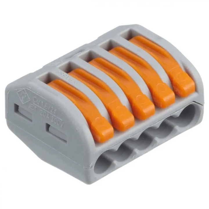 Conector rapid (clema electrica) Wago 222-415, 5 poli, cu parghii de eliberare, 0,08-4 mm2, gri deschis, 40 buc