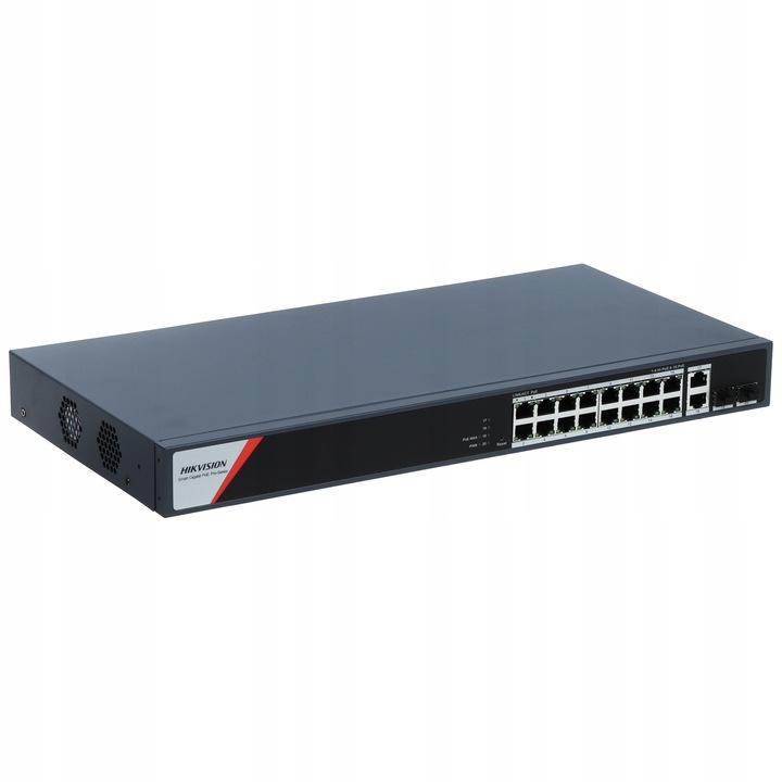 Hikvision DS-3E1520HP-SI-16P2T2F PoE switch, menedzselhető, 16 PoE port + 2 SFP uplink, teljes PoE teljesítmény 230 W, fekete, 19 1U rack