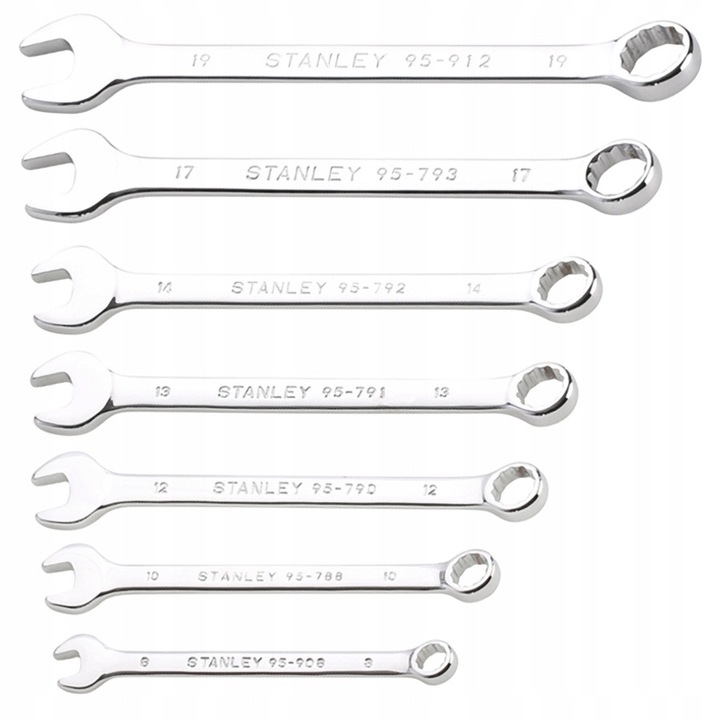 Set 7 chei combinate Stanley, unghi 15, otel inoxidabil, suport depozitare, argintiu
