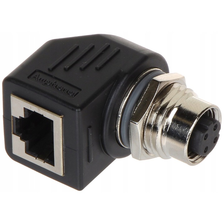 Adaptor unghiular Delta M12D-G/RJ45-G, soclu M12 4 pini / soclu RJ-45, metal/PET, IP68 (M12), Negru, 45x45x25 mm