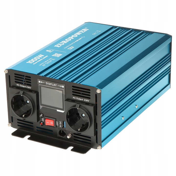 Europower INV/12/1000/PS/S/B feszültségátalakító, tiszta szinuszos 230V, Bluetooth monitorozáshoz, 1000W folyamatos/2000W csúcs, kék/fekete, 1 db