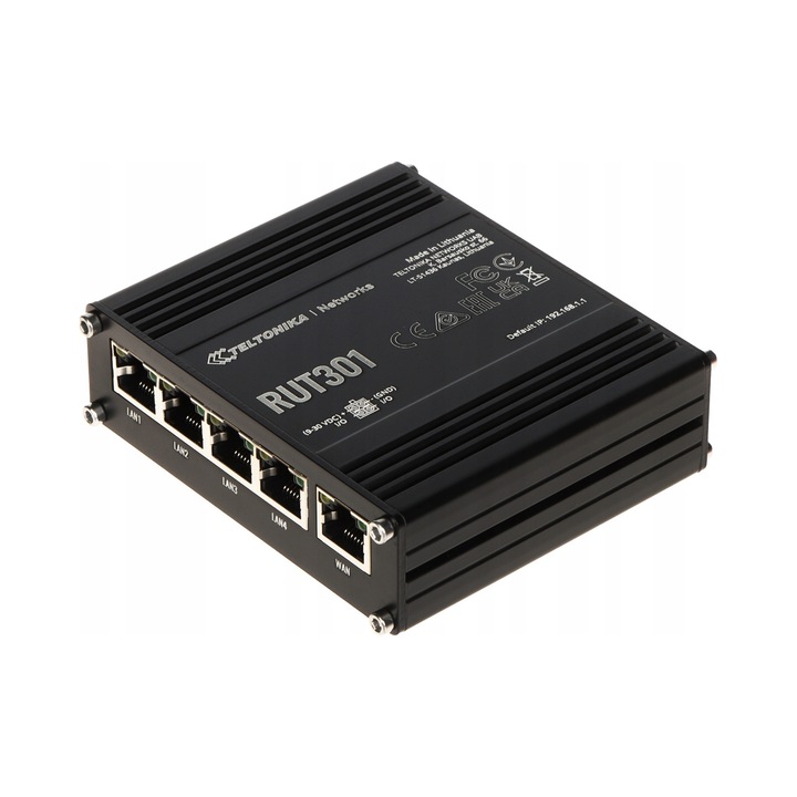 Teltonika RUT301 ipari router, 4 x LAN + 1 x WAN, USB 2.0, VPN és Modbus/OPC UA protokoll támogatás, Fekete
