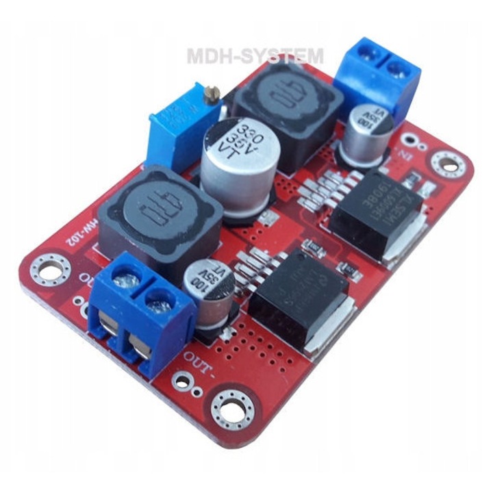 Модул конвертор DC/DC Delta PZDU-2826, step-up/step-down 3.5-28V вход, 1.25-26V изход, максимален ток 3A, регулиране с потенциометър, червен, 60x37x14 mm, 1 бр