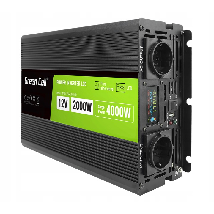 Green Cell INVGC12P2000LCD autós inverter 2000W 12V fekete