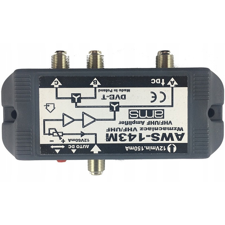 Amplificator antena AMS AWS-143M, 1 intrare 3 iesiri, reglabil, alb, 12V