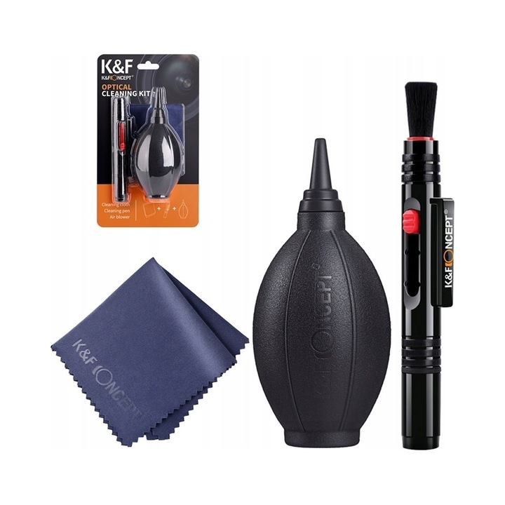 Set curatare optica K&F Concept 3in1, pompa cu aer din silicon, penita dubla cu carbon si laveta din microfibra, Negru/Albastru, 1 set